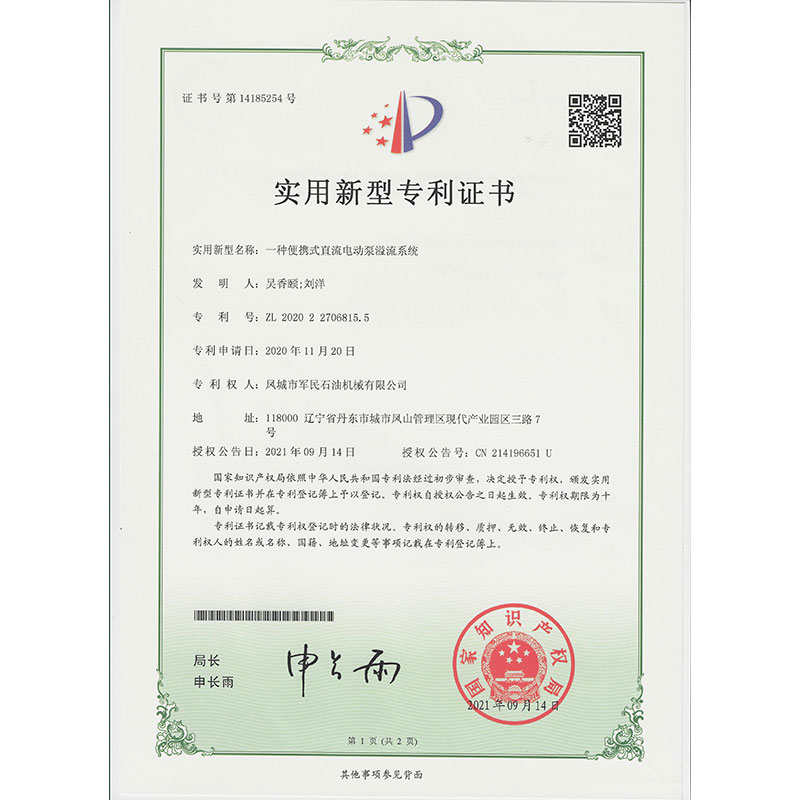 一種便攜式直流電動泵溢流系統 實用新型專利